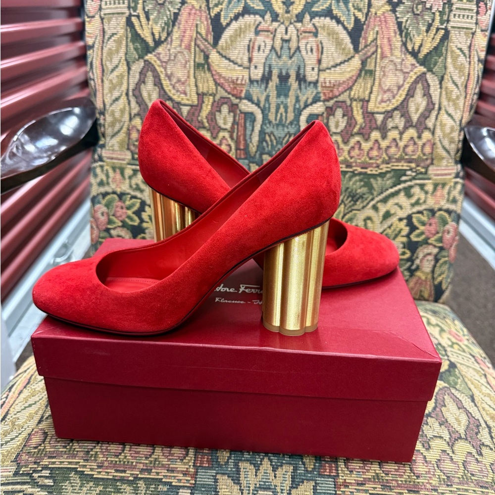Salvatore Ferragamo Red Suede Pumps with Gold Cylindrical Heels
